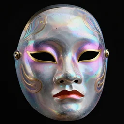 highly detailed digital art rendering of a beautiful futuristic iridescent geisha mask with glowing eyes. black background. gritty textures. unreal engine, redshift, blender. psychedelic art. trending on artstation, behance.