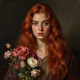 goddess of flowers. pakistani. long ginger hair. film noir. atmospheric lighting. highly detailed digital painting by greg rutkowski. sharp focus, 8 k.
