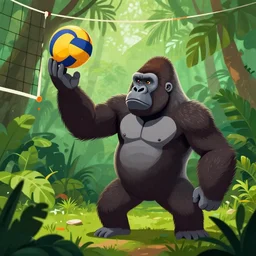 a gorilla playing volleyball in a jungle, holding a volleyball, volleyball net, digital art, in the style of greg rutkowski