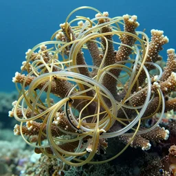 thousands of thin tubes and cables of translucent gold and silver chaotically unravel and twist away from an underwater branching sea coral, hyperrealistic
