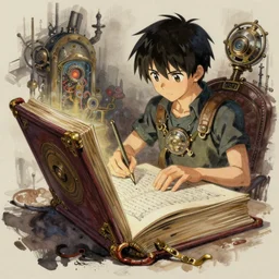 semi reallistic gouache gesture painting, by yoshitaka amano, by ruan jia, by conrad roset, by dofus online artists, detailed anime 3 d render of a magical book, a strange magical book, portrait, cgsociety, artstation, rococo mechanical, digital reality, sf 5 ink style, dieselpunk atmosphere, gesture drawn