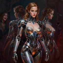 emma watson cyborg, chrome, reflect, fantasy atmospheric lighting, painted, voluptuous, menacing, intricate, volumetric lighting, beautiful, rich deep colours masterpiece, sharp focus, ultra detailed, by leesha hannigan, ross tran, thierry doizon, kai carpenter, ignacio fernandez rios