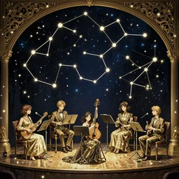 stage made of constellations doing a musical, magnificent, close up, details, sharp focus, elegant, highly detailed, illustration, by Jordan Grimmer and greg rutkowski and PiNe(パイネ) and 薯子Imoko and 香川悠作 and wlop and maya takamura, intricate, beautiful, Trending artstation, pixiv, digital Art