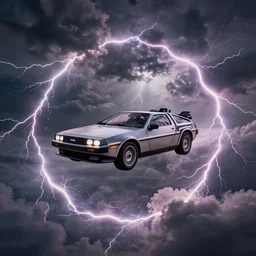 Delorean in sky circumscribed by a circle made of lightning in storm clouds, 28mm dramatic photo