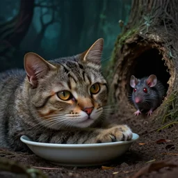 cinematic colorful horror artwork by artgerm, beksinski, mark brooks ; real life full portrait of furry cat resting by bowl foreground ; ugly furry mouse, red eyes, waiting mouse hole in background. macro scale ground level ; scary, 8 k hdr, creepy intricate ; volumetric dramatic lighting, insanely detailed, haunting
