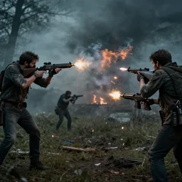 humans shooting at zombies