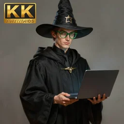 an anthropomorphic beautiful male scientist portrait holding laptop wearing black hoodie robe and green glasses, wizard hat, fine art, award winning, intricate, elegant, sharp focus, octane render, hyperrealistic, wizard hat cinematic lighting, highly detailed, digital painting, 8 k concept art, art by jamie hewlett and z. w. gu, masterpiece, trending on artstation, 8 k