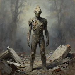 oil painting of a photographed portrait of pyramid head from silent hill facing the camera with full body in shot, standing on a pile of building debris