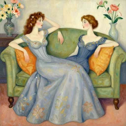 european woman in a gown relaxing on couch, bloom flowers, modern, eclectic, illustration, by ramon casas