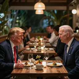 Trump and Biden having dinner at a fancy Balinese restaurant, award winning cinematic photography, 50 mm, blurred background, trending on twitter
