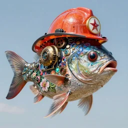 portrait of a fish with a fireman hat, robot steampunk, cyborgnetic, floral! horizon zero dawn machine, intricate, elegant, highly detailed, ray tracing, digital painting, artstation, concept art, clear sky, extremely detailed, fantasy, smooth, sharp focus, illustration, art by artgerm and greg rutkowski and alphonse mucha, 8 k