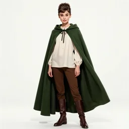 a beautiful woman, beauty, looks like Audrey Hepburn, bard, brown hair, messy hairstyle, bangs, cream colored peasant shirt, brown pants, leather boots, dark green cloak, round hood, elf ears, youthful, white background, proportionate, by Greg Rutkowski and Tony Sart, trending on artstation, realistic, highly detailed, masterpiece