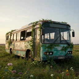 abandoned bus reclaimed by nature, dawn, overgrowth, vines, flowers, 3 d render, unreal engine, realistic