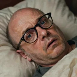 a closeup of a a terrified balding man laying in bed with thick glasses with one dark lens by thomas by monet high details