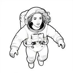 clean simple line art of a woman with long curly hair floating in space. she is an astronaut, wearing a space suit. white background. well composed, clean black and white line drawing, beautiful detailed face. illustration by charlie adlard and steve ditko