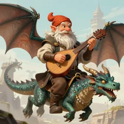 epic fantasy D&D gnome bard riding a dragon while playing a lute smiling, detailed illustration, hd, 4k, overdetailed art