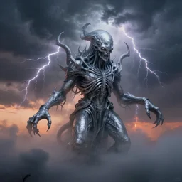 a concept art of a silver mercury eldritch cthulhu emerging from a foggy thunderstorm, illuminated lightning strikes, lovecraftian, by daytoner daniel hahn, hr giger, wadim kashin, jeremy mann, highly detailed, sunset, dramatic lighting, octane render, c 4 d, artstation, hd, clear, sharp, ominous, misty, unsettling, 8 k