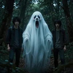 in the style of junji ito, rafael albuquerque, shinsui ito, transparent ghost screaming, in the woods, moody lighting