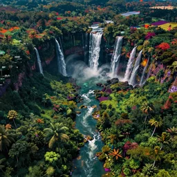 aerial view of a colorful jungle with rivers and waterfalls, by artgerm, tom bagshaw, gerald brom, vaporwave colors, lo - fi colors, vaporwave, lo - fi, moody vibe, goth vibe, full body,