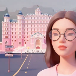 close up of a woman with round glasses in a pastel 3 d minimalist, street scene with road signs, water tower, by jeffrey smart and gregory crewdson and edward hopper, grand budapest hotel