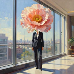 huge flower as head, woman in suit standing by tall modern windows, luxury apartment, surreal photography, sunlight, impressionist painting, digital painting, artstation, simon stalenhag