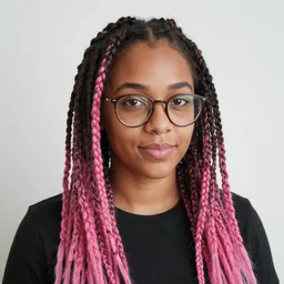 Blasian woman with dreads wearing glasses, pink dyed hair