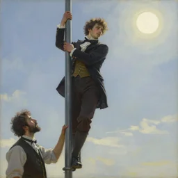 surrealist victorian portrait of bill clinto climbing a steel pole to the sky, painting by konan lim and durmus bahar, bright sun