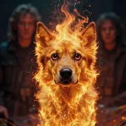 the fiery dog, with big eyes, water caustics, film still from the movie directed by denis villeneuve and david cronenberg with art direction by h. r. giger and bernie wrightson