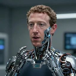 Mark Zuckerberg revealing his very detailed and complex cybernetic enhancements faceplate lifting from him revealing inner machinery ,arms revealing cables and metal frame ,raytracing, very detailed, 4k, cinematic lighting,