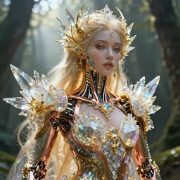 beauteous sumptuous goddess, crystal, gold, copper, bronze biomechanical with incredible iridescent pearlescent voluminous fluorescent neon indirect soft glow cinematic lighting, crystalline masterpiece incrustations, hyperdetailed features, movie still, intricate, octane render, cinematic forest lighting, unreal engine, crepuscular rays, god rays