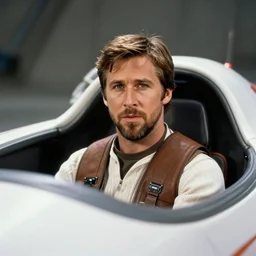Ryan Gosling sitting in X-wing cockpit still from A New Hope Star Wars screenshot head and shoulders mid distance 30mm
