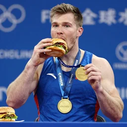 Barry Chuckle wins the gold medal at the burger eating contest, trending on Artstation