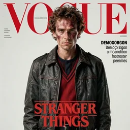 demogorgon from stranger things fashion. studio photo. vogue magazine cover with text. highly detailed