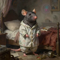 classic oil painting, anthropomorphic rat dressed in medieval pajamas, as a dnd character, inside a cluttered bedroom, comfy, highly detailed, digital illustration, concept art, smooth, sharp focus, art by alex grey and james gurney, mystic, fractals, fog