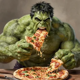 portrait of Hulk opening his mouth to eat pizza, also smashing pizza with his fists, highly detailed, digital painting, artstation, concept art, sharp focus, illustration, art by artgerm and greg rutkowski and alphonse mucha