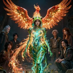 beautiful woman in frog costume, intricate lights, phoenix, bio luminescent, plasma, by ruan jia and artgerm and range murata and wlop and ross tran and william - adolphe bouguereau and beeple. key art. fantasy illustration. award winning, artstation, intricate details, realistic, hyperdetailed, 8 k resolution.