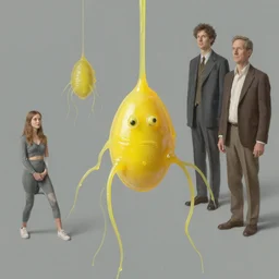 human amoeba by greg rutkowski and magali villeneuve and gerald brom and norman rockwell and gil elvgren, opaque yellow liquid, floating, tendrils, ooze, hyperrealism, surrealism