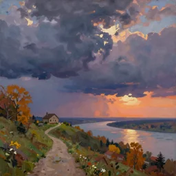 painting by sargent and leyendecker and greg hildebrandt epic evening sky at sunset, low thunder clouds foothpath at indian summer wide river horizon tiny old house on top of hill view from above