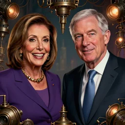 epic professional symmetrical digital art of nancy pelosi and jerome powell, steampunk accent lighting, painted, intricate, detailed, cheery, fun, effervescent, by roberto ferri, epic, stunning, gorgeous, much wow, much detail, cinematic, masterpiece, unreal engine render