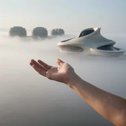 arm reaching out of thick fog, round buildings in far background, smooth architecture, organic, sophisticated, zdzislaw beksinski, architecture of frank lloyd wright, zaha hadid, norman foster