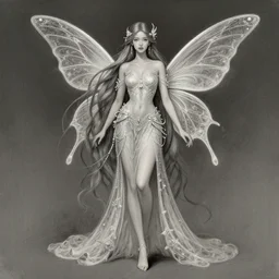 beautiful female fairy, full body shot, long hair, fantasy, intricate, elegant, highly detailed, digital painting, artstation, concept art, drawing by kim jung gi
