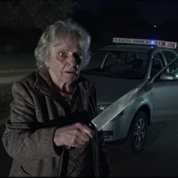 Old lady with a knife in front of car, dashcam photography, scary, horror, in the middle of the night