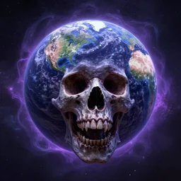 screaming earth planet in the shape of a skull, cosmic horror, ghostly, intricate, photo real, hyperrealism, unreal engine 5, raytracing, in the style of rene aigner, mark ryden and alex gross, todd schorr, ultraviolet colors,