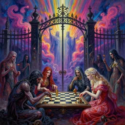 [ style ] [ oil painting ] [ palate ] [ vibrant gothic colors ] lost 👾 👽 souls congregating and playing chess at the giant iron gate to purgatory, vibrant paisley neon nebulous clouds, radiant light rays, photorealistic painting, intricate and fine details, volumetric lighting, artstation, god figure at the gate