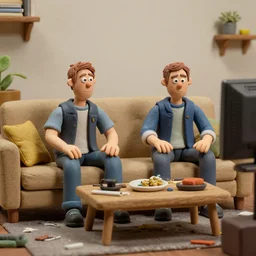 photorealistic claymation, two guys sitting on a couch, messy table, watching tv, 3D, highly detailed,