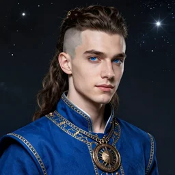 beautiful portrait of a incredibly handsome young male wearing a fancy blue tunic, and a medallion!! around neck, art by wlop and artgerm, steampunk fiction, detailed deep blue eyes, ( half - shaved, long dark brown hair, in ponytail!!!! ), space background, trending on artstation, sharp focus, illustration, caustics, octane render, 4 k, radiant light