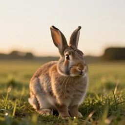 a photo of a lone rabbit on a wield farm, golden hour time, low depth field, trending on artstation