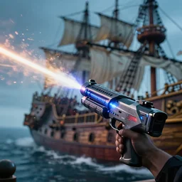 action photography of a high technology laser gun mounted on a pirate ship firing a laser beam at an enemy ship, fast shutter speed, high speed, action photo, 1/1000 sec shutter