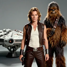 photoshoot of han solo as a sexy thirty year old woman, female han solo, studio lighting, millennium falcon, chewbacca, photoshoot in the style of annie leibovitz