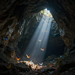 a dark cave full of butterflies illuminated by sun rays passing through small crevices, concept art, digital painting, trending on artstation, deviantart, highly detailed, perfect composition, dramatic lighting, sharp focus, 8 k uhd